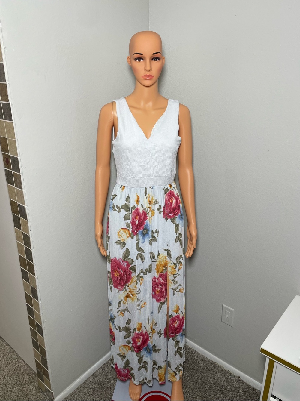 Sleeveless White Maxi Dress with Floral Skirt